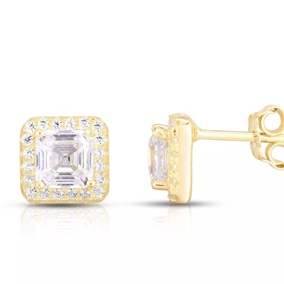 Asscher Cut Simulated Halo Sterling Silver Studs - Picture 2 of 2